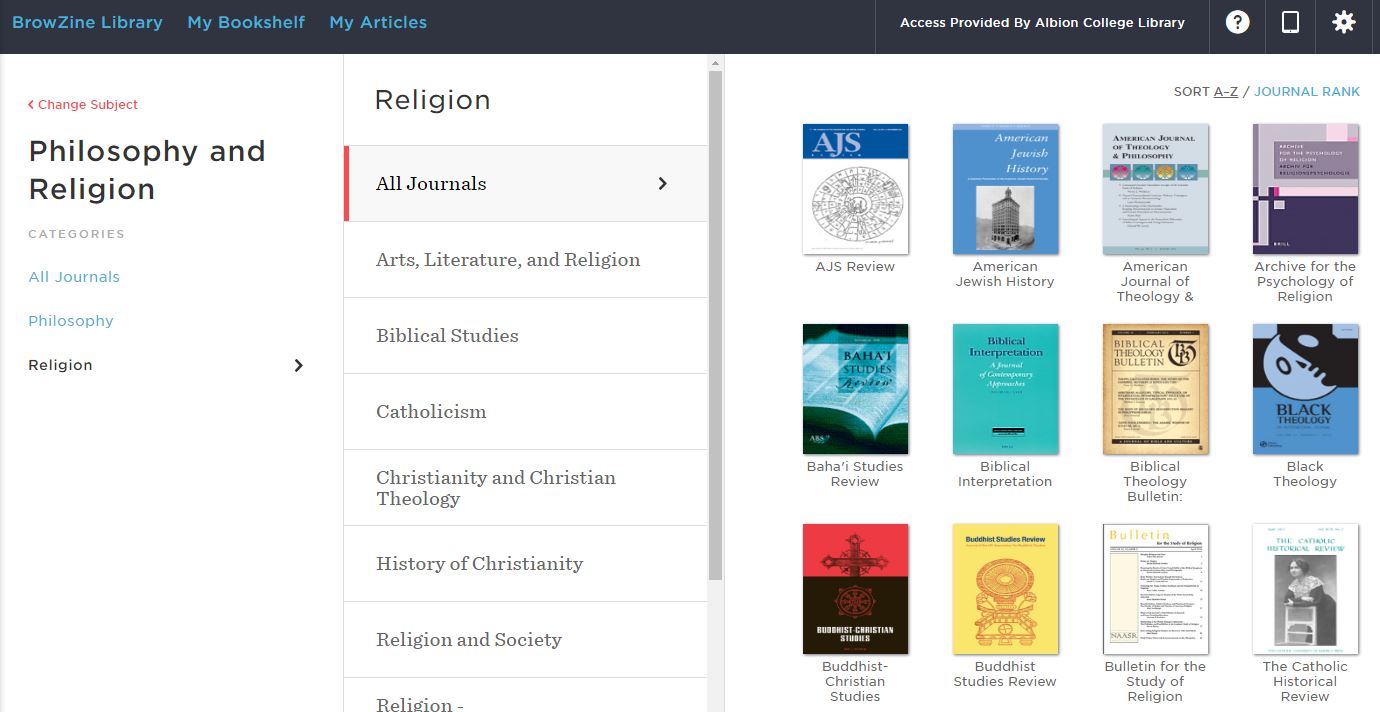 Religious Studies journals in BrowZine
